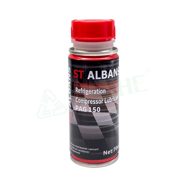 Refrigerant oil PAG150 in a red-capped bottle, used for HVAC refrigeration and compressor lubrication.